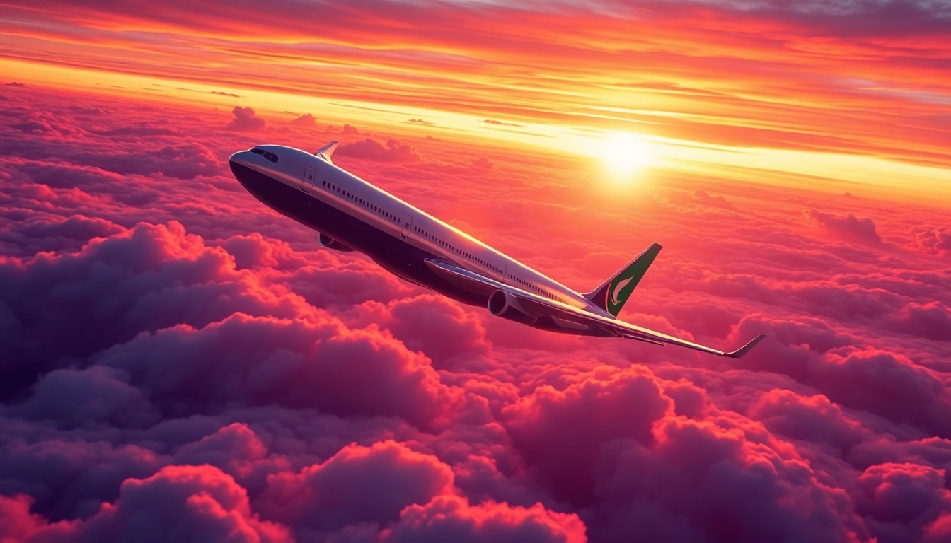 Experience the majestic journey of flight PK789 soaring through a vibrant sunset.