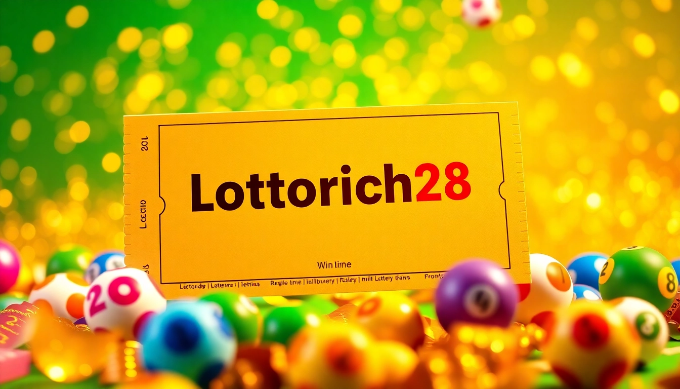 Celebrating luck with Lottorich28 lottery ticket surrounded by vibrant colors and lottery balls.