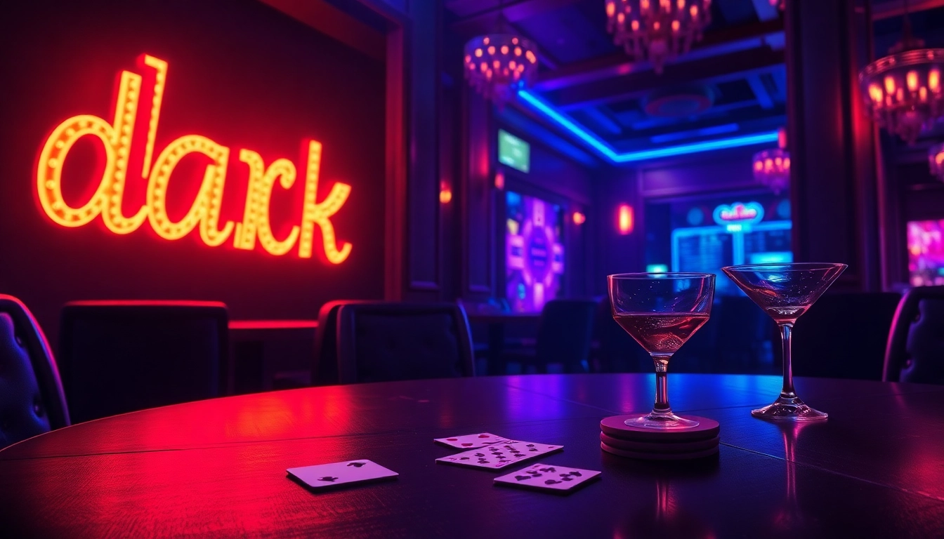 Experience thrill at dark168 with a vibrant casino scene illuminated by neon lights.