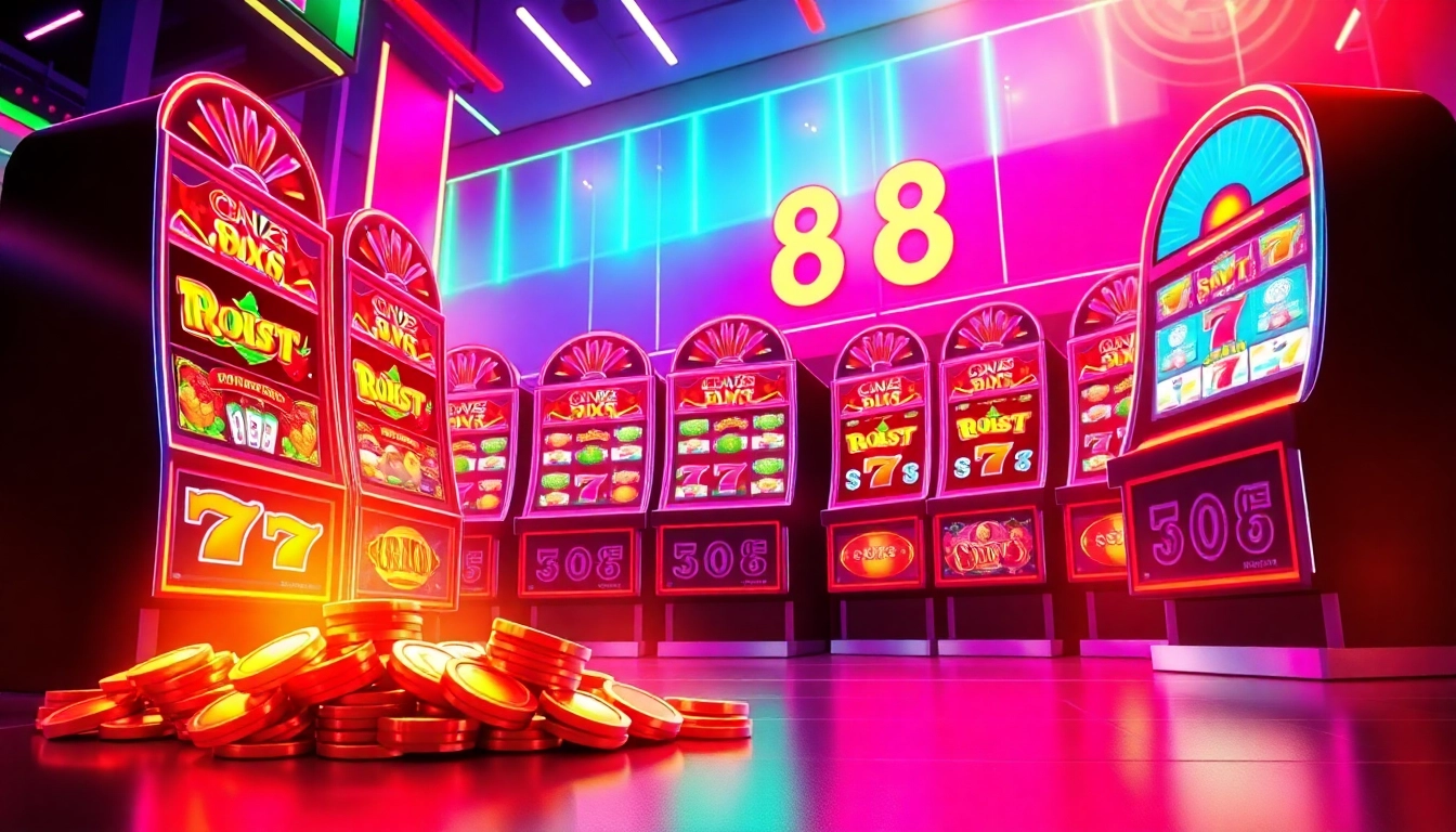 Experience the thrill of slot88 with vibrant slot machine reels and jackpot coins spilling out.