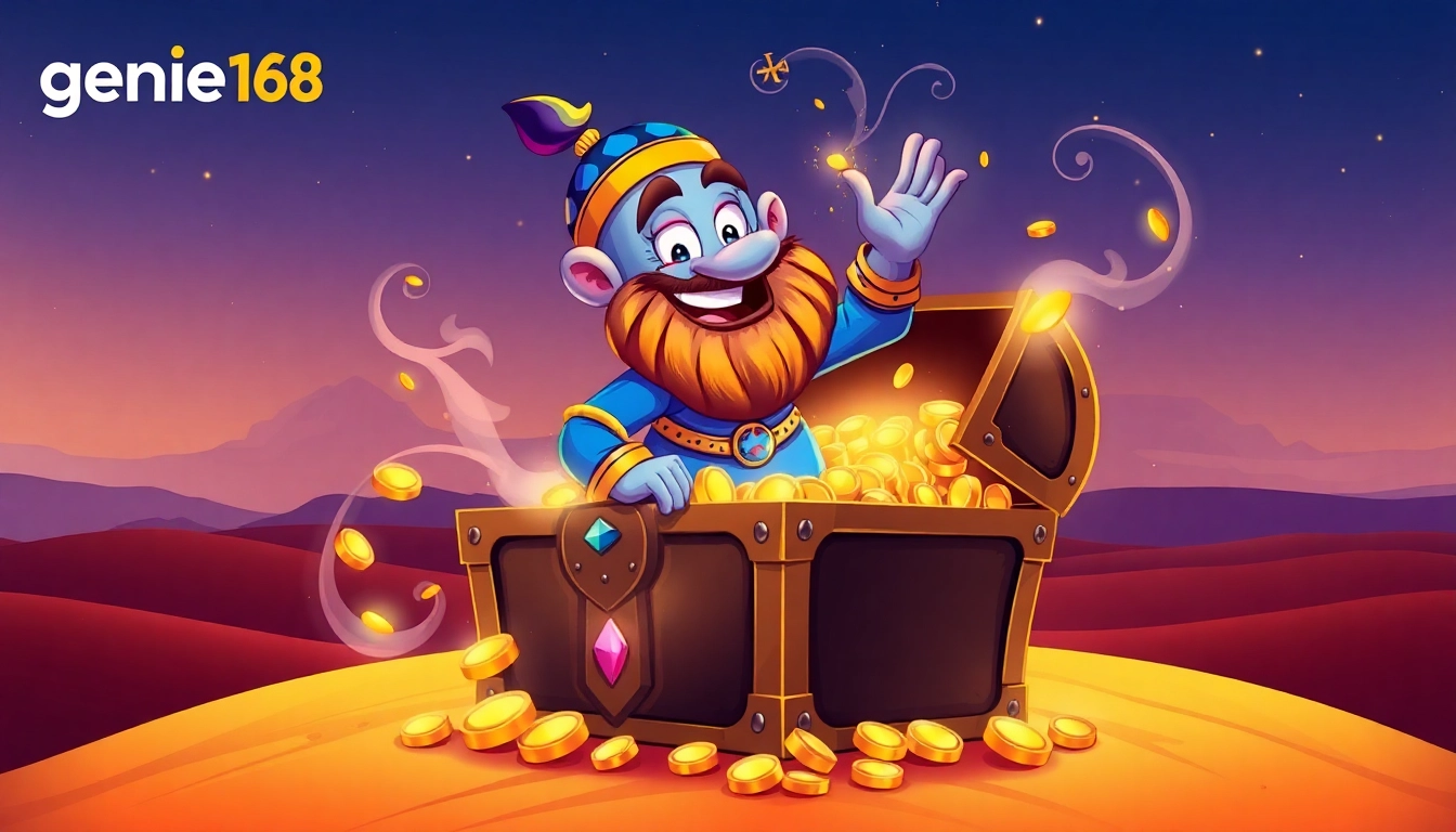 Experience the thrill of genie168 with a magical genie emerging from a treasure chest.