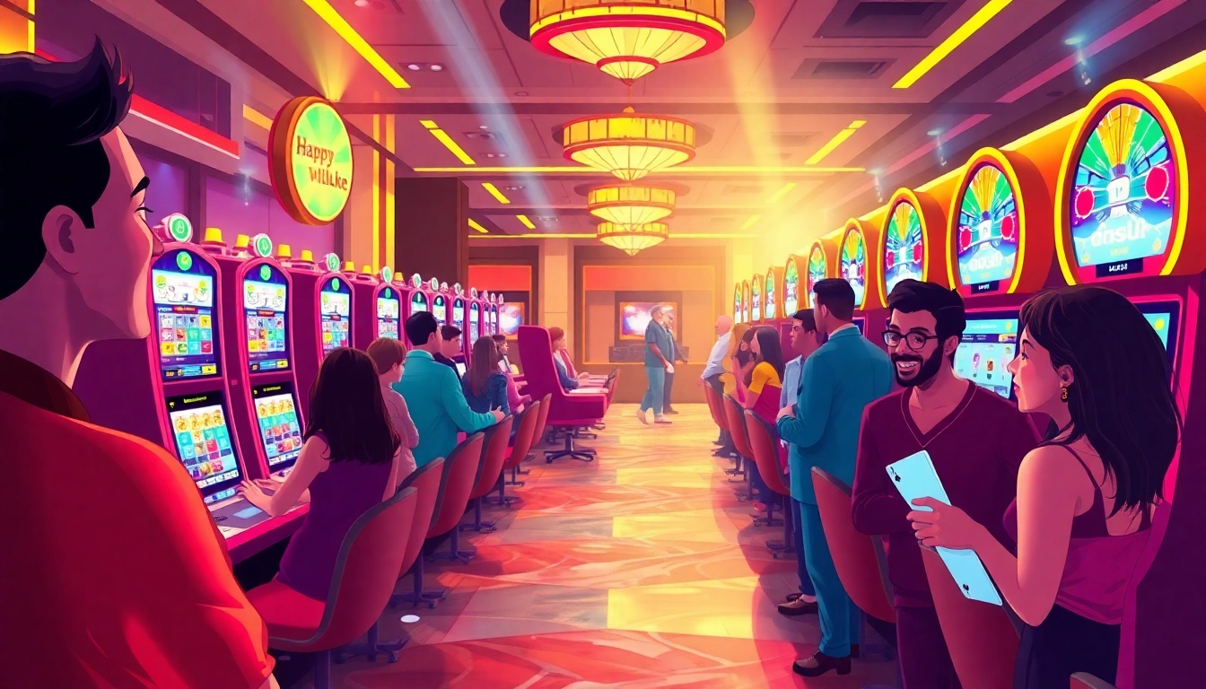 Experience the excitement of Happyluke with diverse players enjoying a vibrant casino atmosphere.