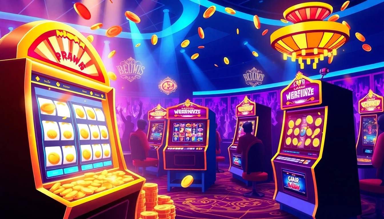 Experience เว็บสล็อตทดลอง with a vivid illustration of exciting slot machines and vibrant game elements.