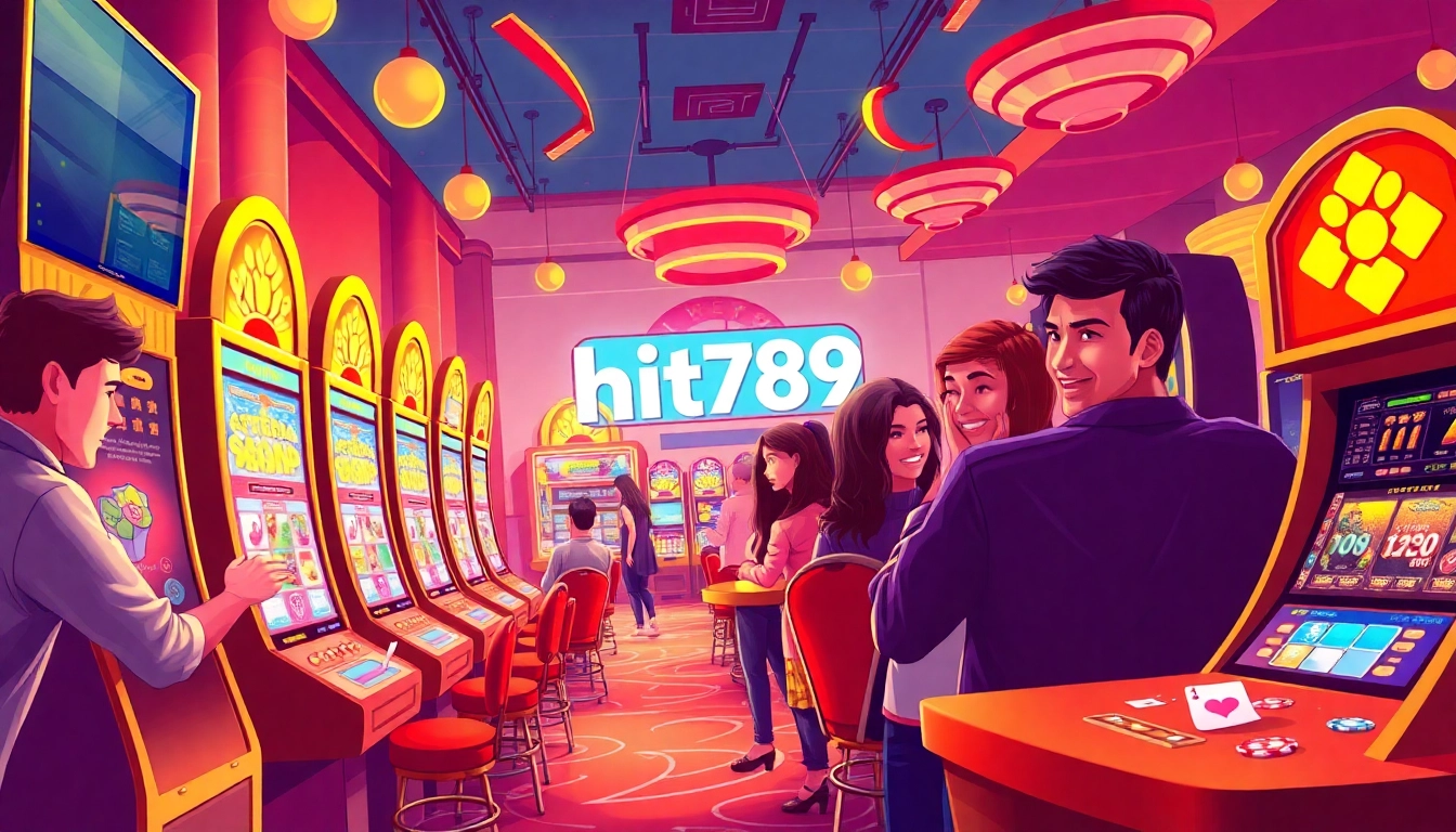 Engage with hit789's vibrant gaming scene featuring players enjoying exciting slot machines.