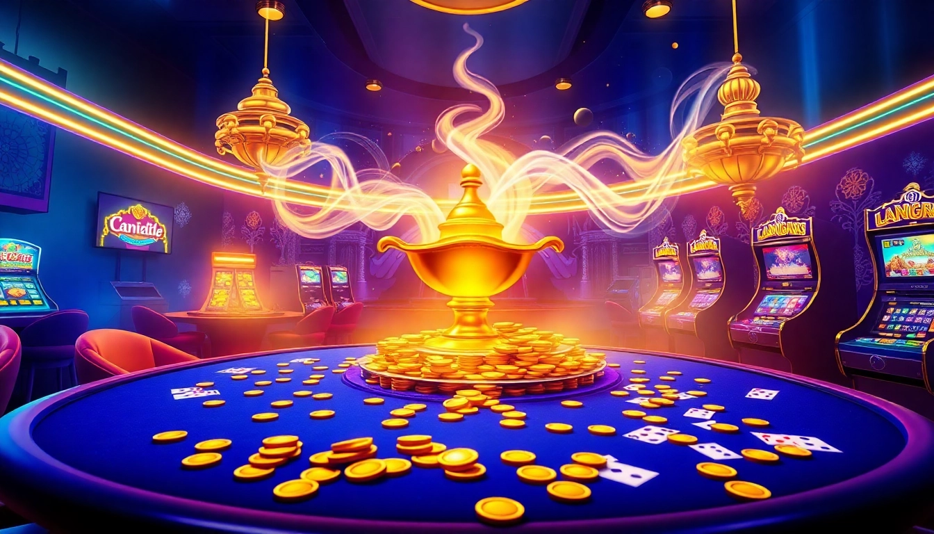 Experience the thrill of genie168 with a vibrant online casino scene showcasing gold coins and a mystical genie.