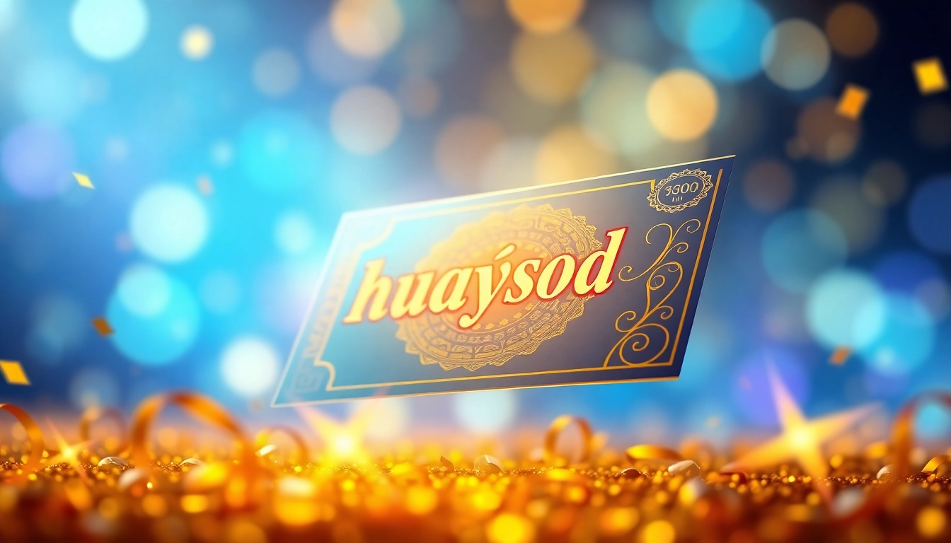 Discover the vibrant huaysod lottery ticket highlighted amidst a festive backdrop of confetti and sparkling stars.