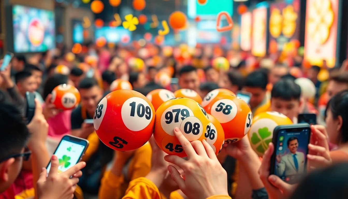 A lively online lottery scene showcasing huaysod players engaging with colorful lottery balls and smartphones.