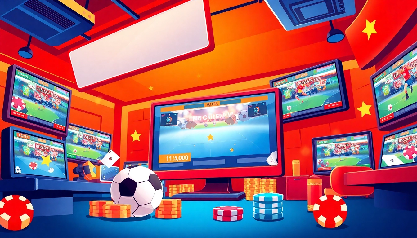 Discover the best nhà cái uy tín nhất Việt Nam with a vibrant betting illustration showcasing live sports and engaging gaming elements.