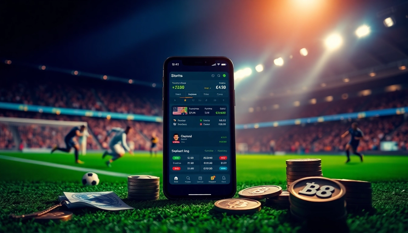 Experience sports betting excitement at https://w88vv.club, with a dynamic smartphone interface amidst an intense sports backdrop.