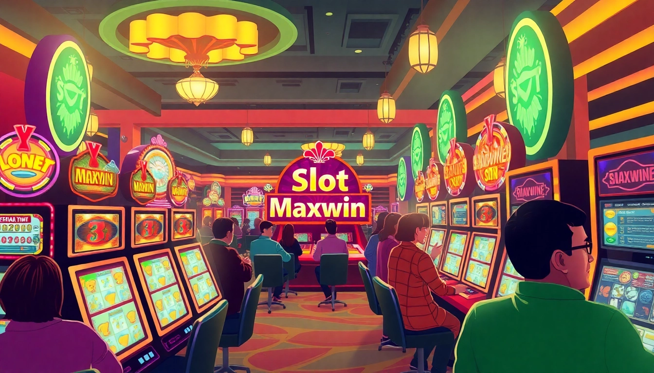 Experience the excitement of Slot Maxwin on a bustling casino floor filled with eager players and vibrant lights.