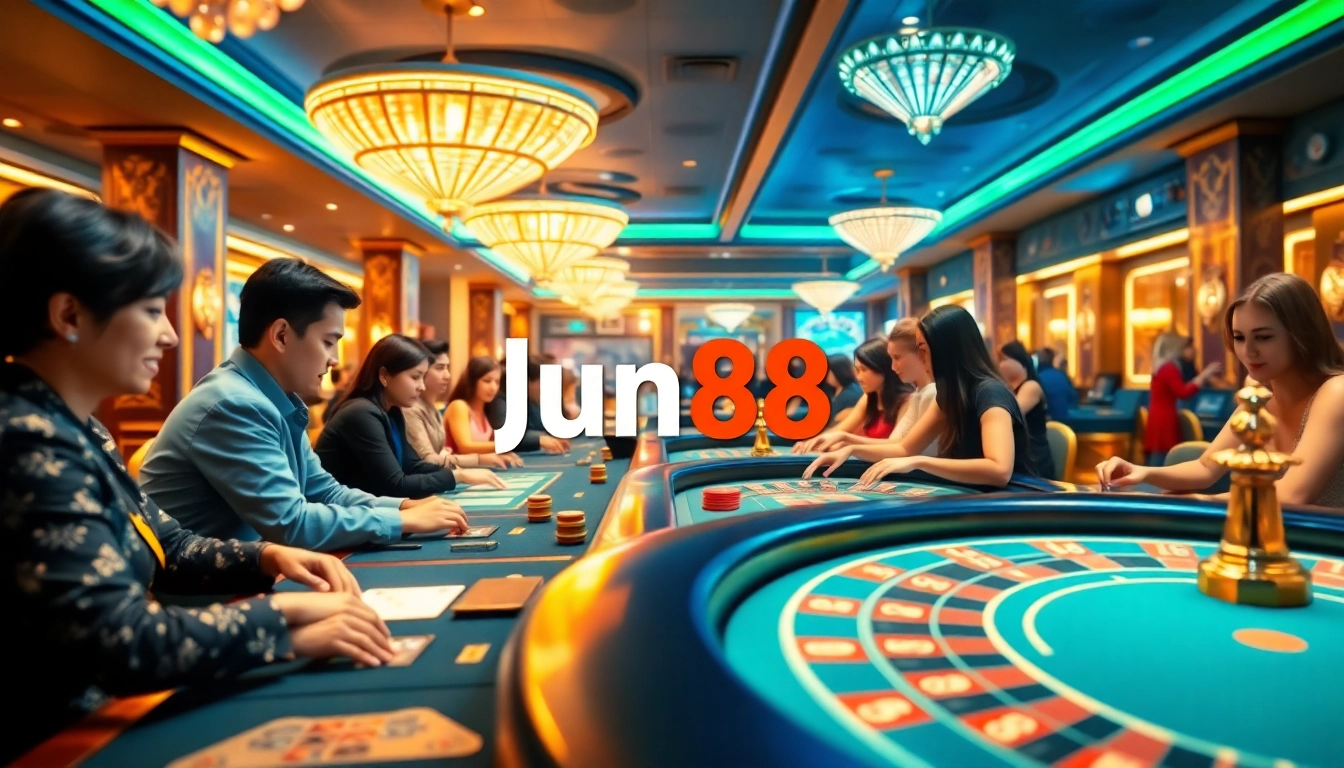 Experience the thrilling atmosphere at Jun88's luxurious online casino, with exciting games and vibrant players.