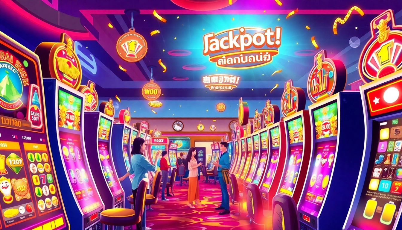 Exciting online สล็อต gaming experience with vibrant, colorful machines attracting players in a modern casino.