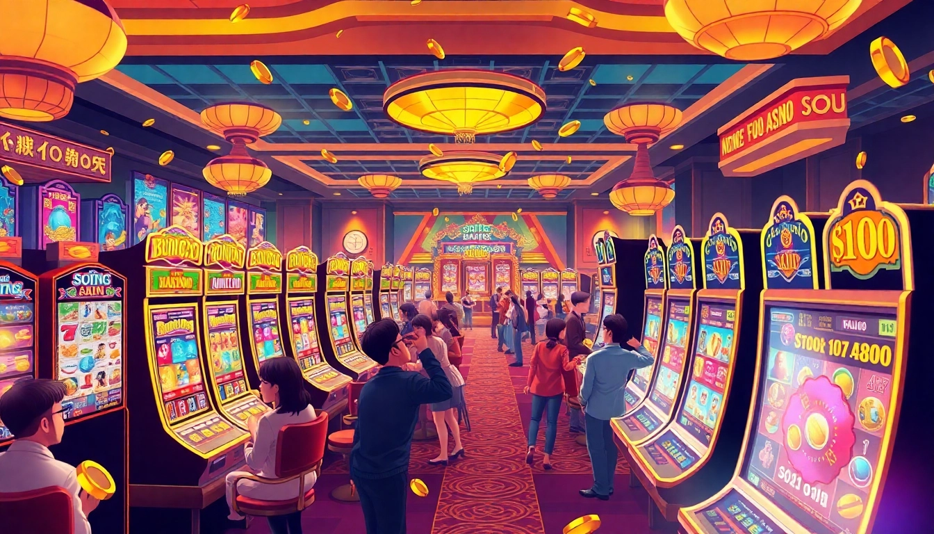 Experience the thrill of สล็อตเว็บตรง with vibrant slot machines and joyful players at a bustling online casino.