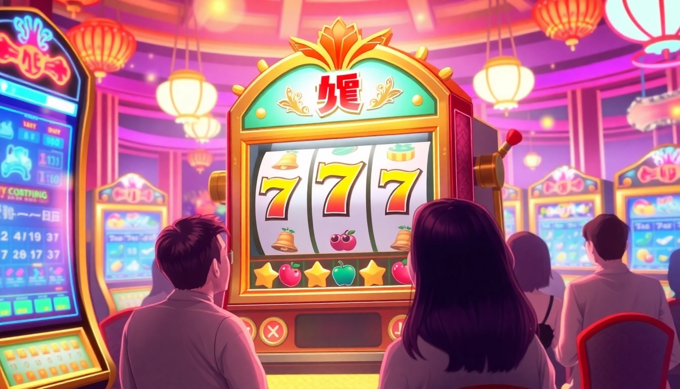 Players experience excitement at a vibrant nổ hũ slot machine in a lively casino.