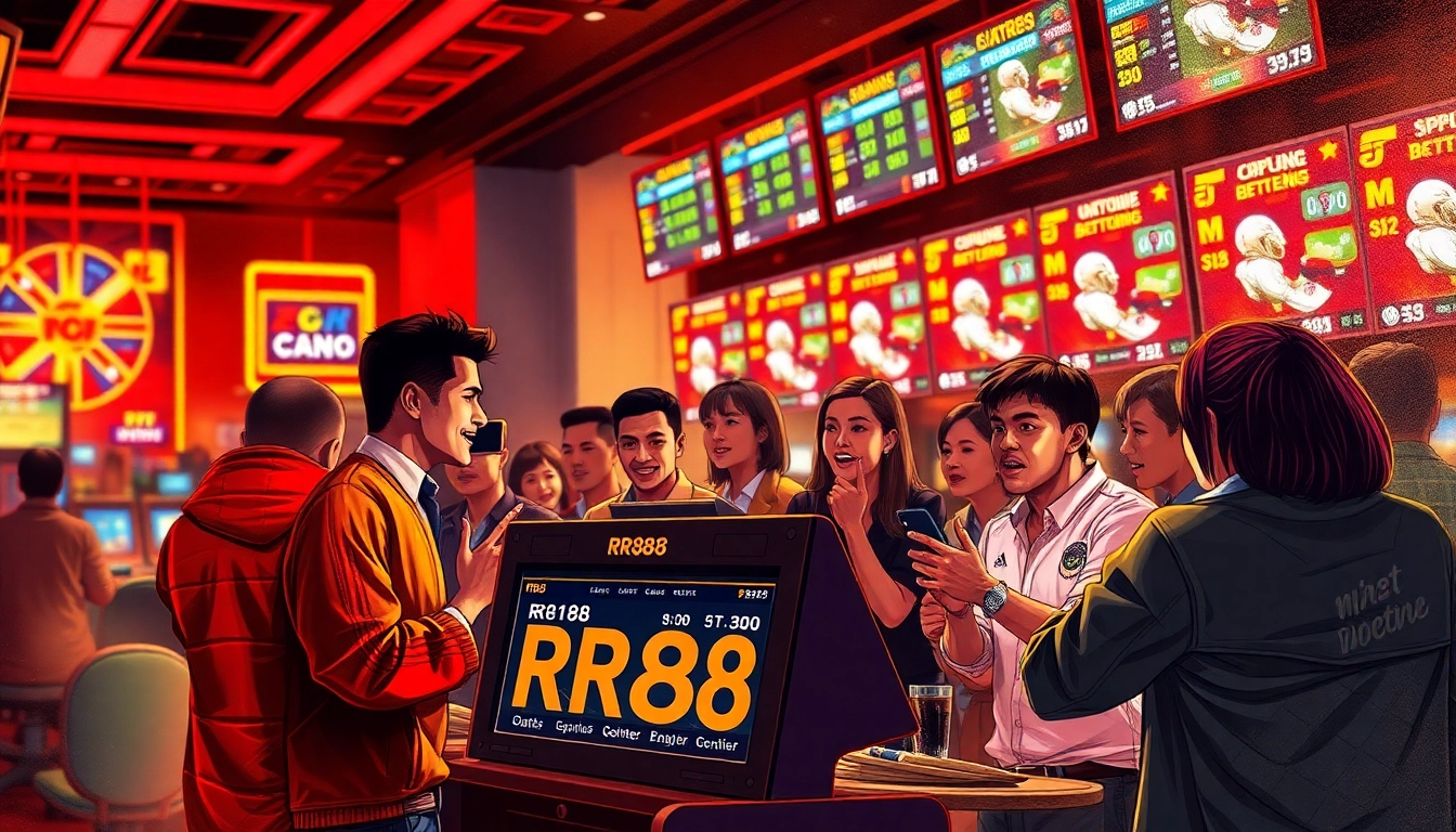 Gamblers at a bustling casino enthusiastically engage with the RR88 betting terminal.