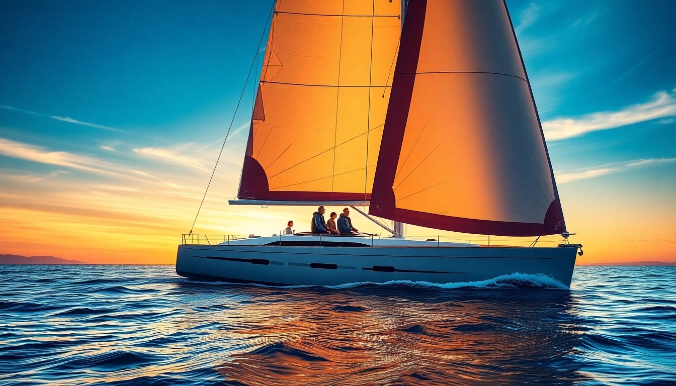 Experience the thrilling j88 sailboat gliding through tranquil waters at sunset with vibrant skies.